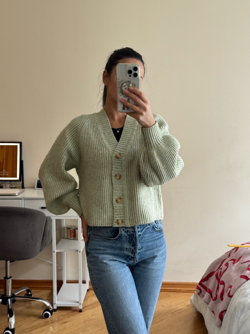 Mango Soft Sage Green Ribbed Button Cardigan